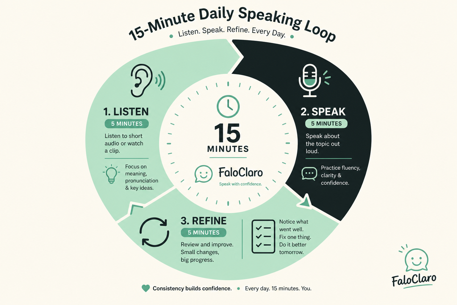 Infographic of a 15-minute Listen, Speak, Refine practice loop
